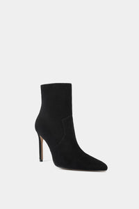 Stiletto boot negra para mujer, botín ceñido al pulso del tobillo, punta delgada y acabado aterciopelado